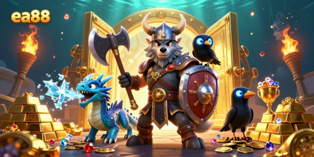 ea88 features an epic Viking wolf warrior and dragon guarding treasure in a fantasy casino scene.