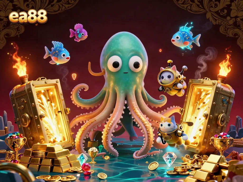 Experience the thrilling world of ea88 gaming with a colossal kraken and a diving cat amidst treasures.