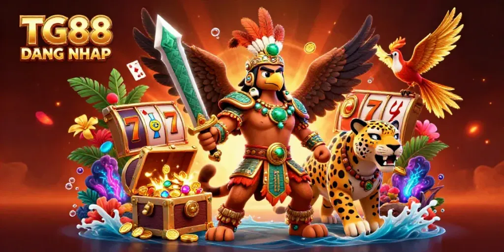 Experience immersive gaming with TG88 DANG NHAP featuring colorful slot reels and dynamic Aztec characters.