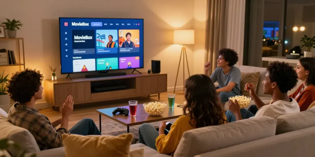 Group of friends enjoying movies on Movie Box app in a cozy living room