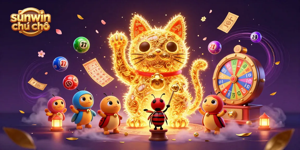 Experience a vibrant scene of sunwin chính chủ with a lucky cat and dynamic casino symbols.