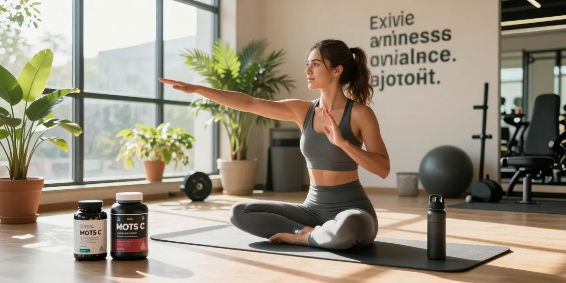 MOTS C peptide showcased in a dynamic fitness environment with a woman exercising, vibrant and energetic atmosphere.