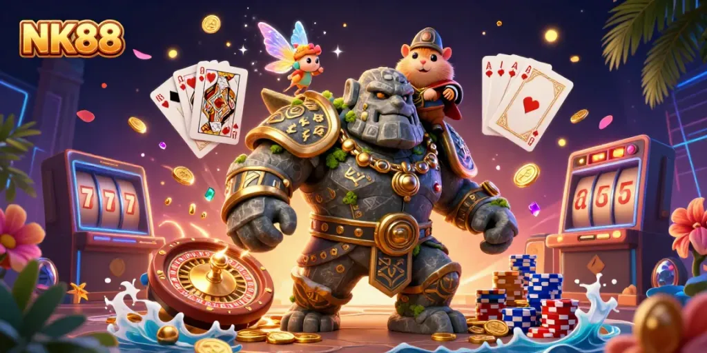 Experience thrilling gameplay at NK88 with guardians and treasures in an enchanting casino scene.