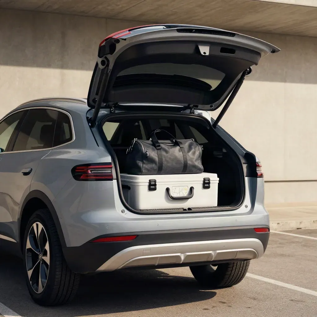 Loaded silver SUV under a canopy, ready for a road trip.