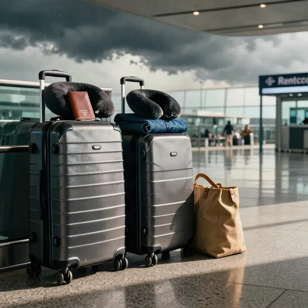 Rainy airport luggage scene with polished reflections and dramatic light
