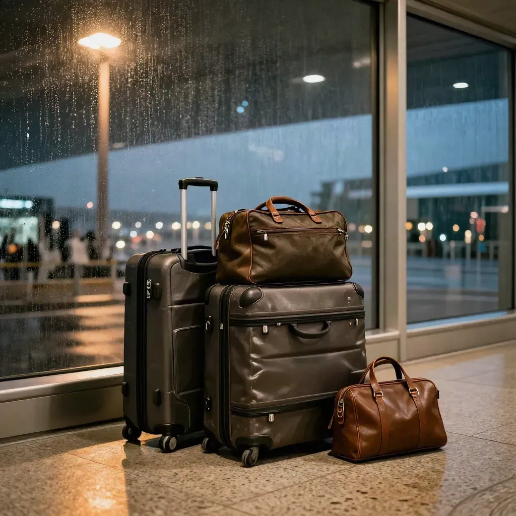 Rainy airport concourse with stacked carry-ons, a travel wallet, and runway lights beyond glass.