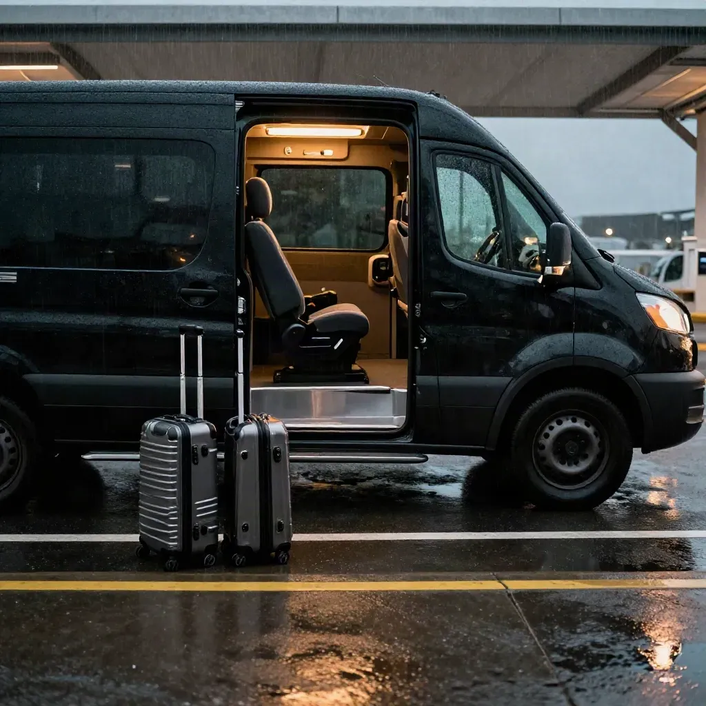Black airport transfer van with open sliding door, two suitcases at curb, and booster seat in drizzle.