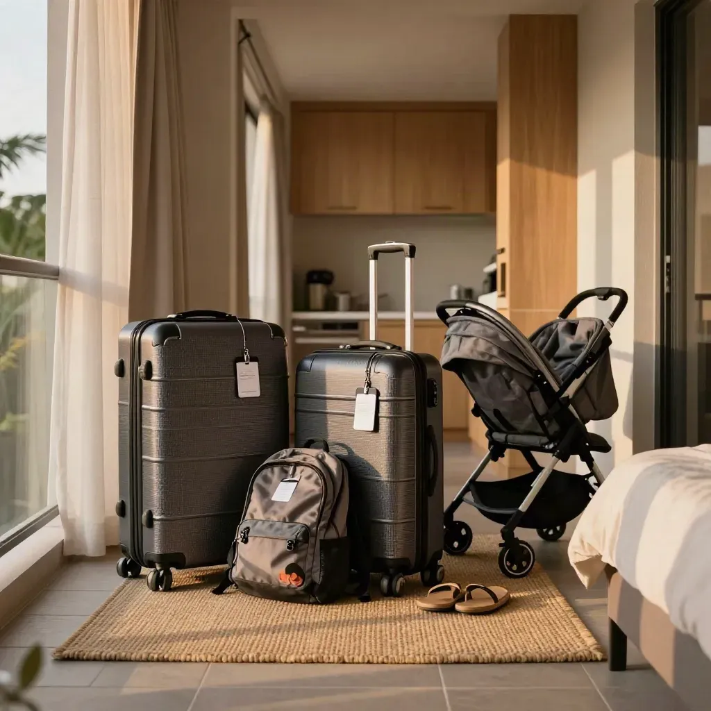 Hotel suite luggage packed by a balcony door for an Orlando family trip.