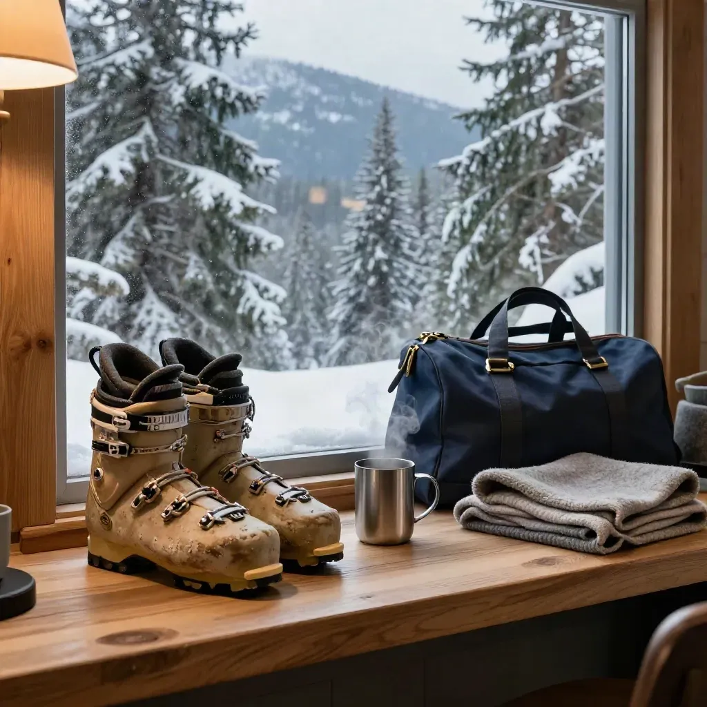Boutique mountain hotel window seat with ski boots, duffel, mug, and snowy evergreens