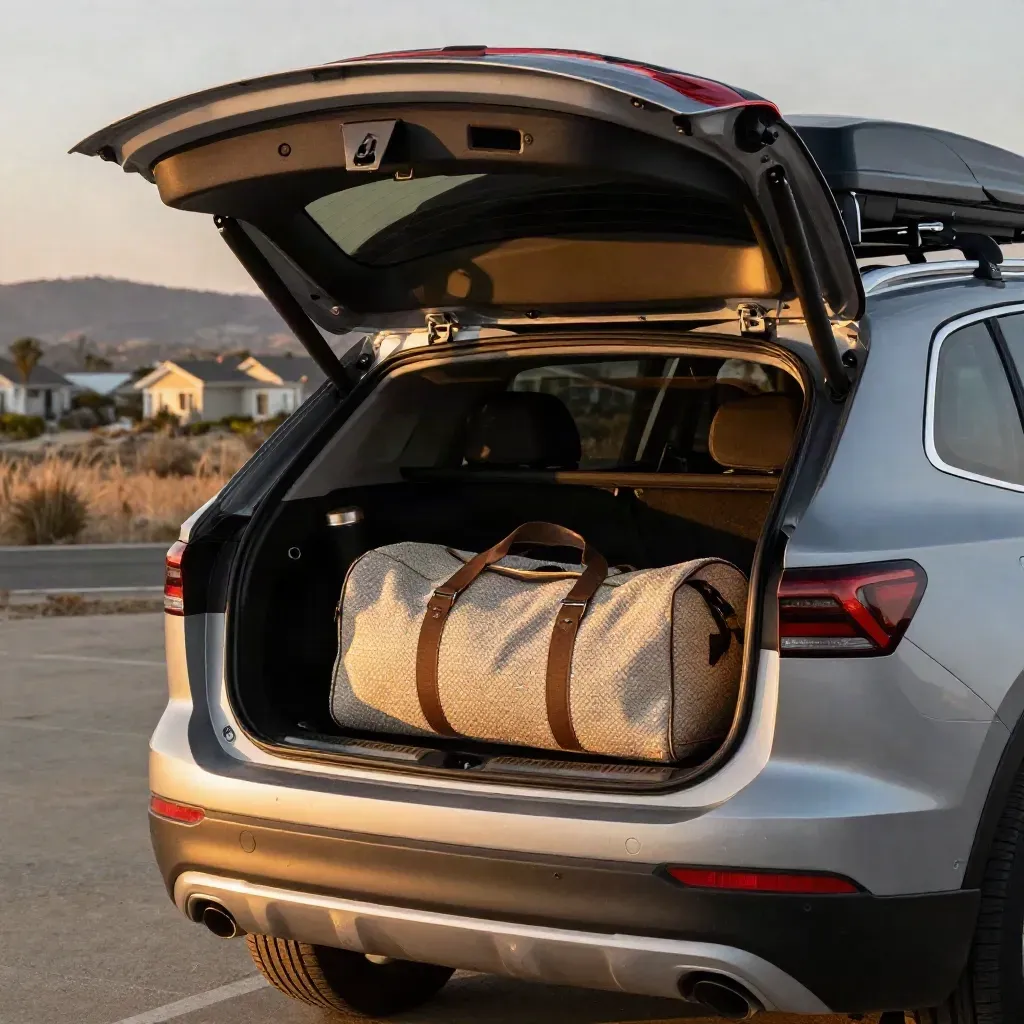 Loaded silver SUV with roof box and travel gear, ready to depart in warm prairie light.