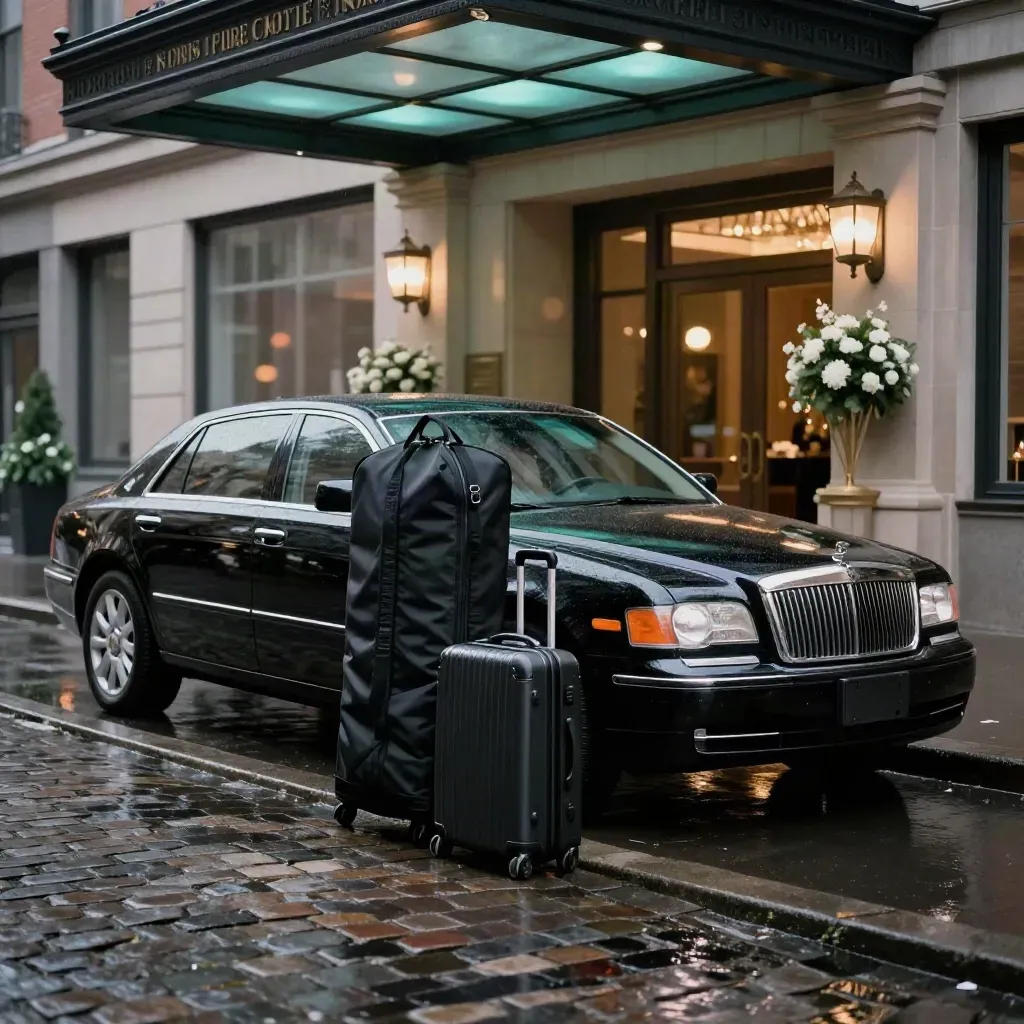 Black sedan and wedding luggage wait at a rainy hotel curb with floral arrangements.