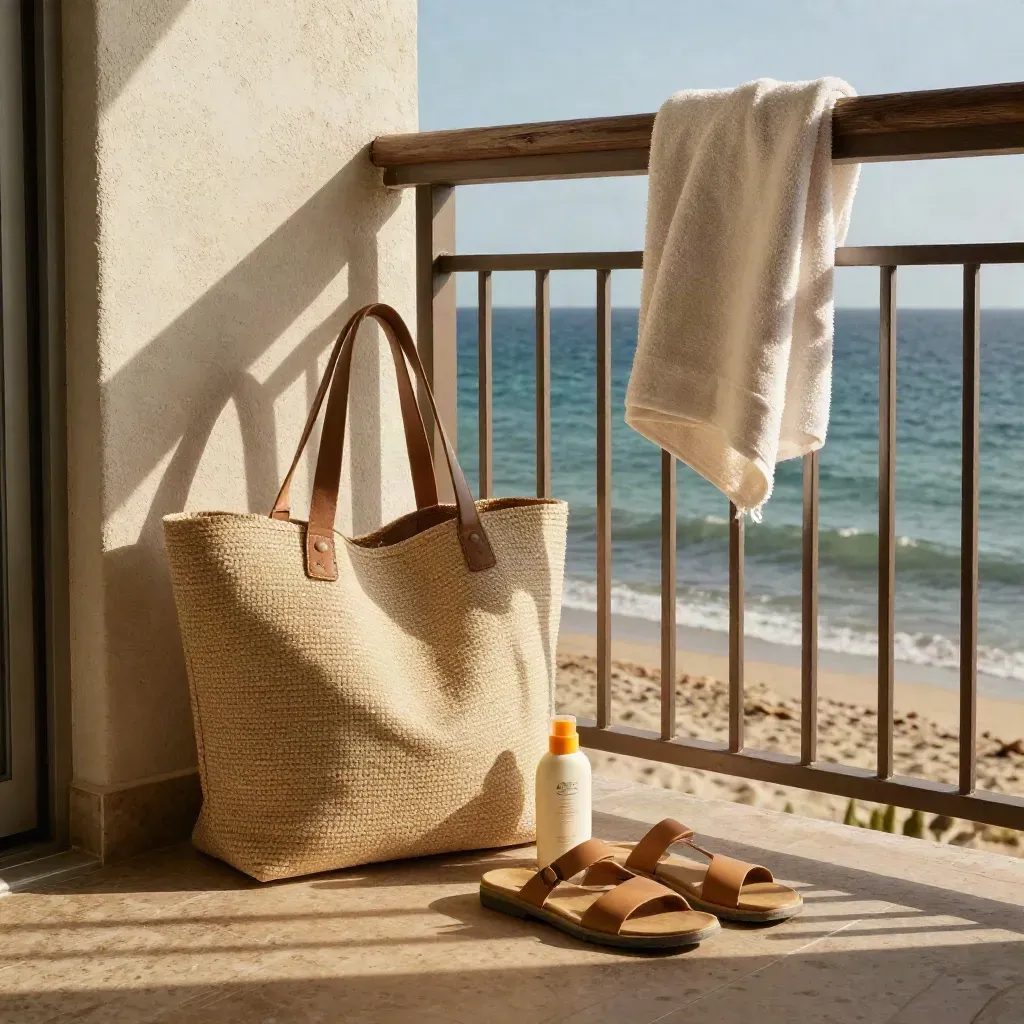 Beach tote, sandals, sunscreen and towel on a resort balcony above a sunlit ocean.