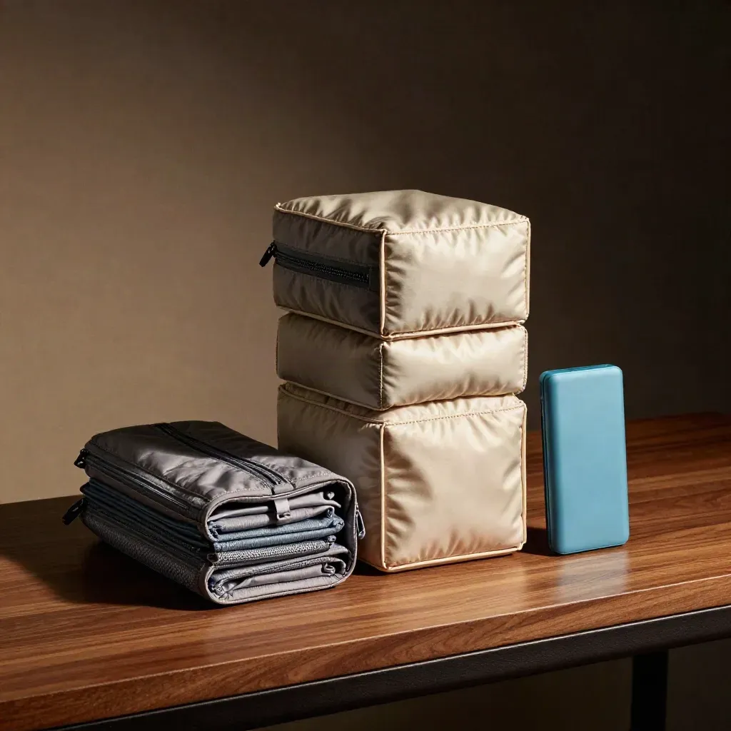 Stacked packing cubes, travel organizer, power bank and garment folder on a dark walnut surface.