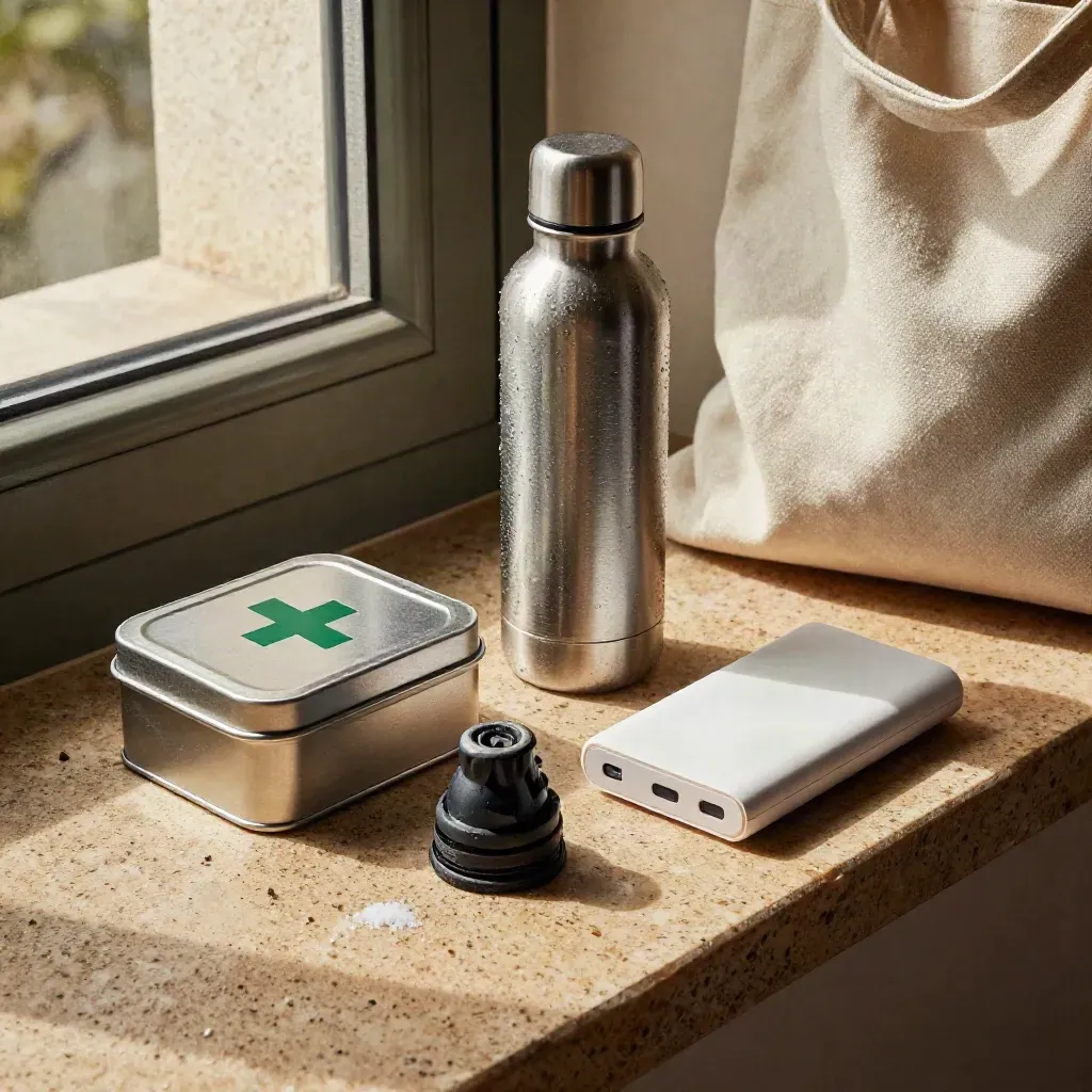 Travel support kit with tin, bottle, umbrella tip and power bank on travertine ledge.