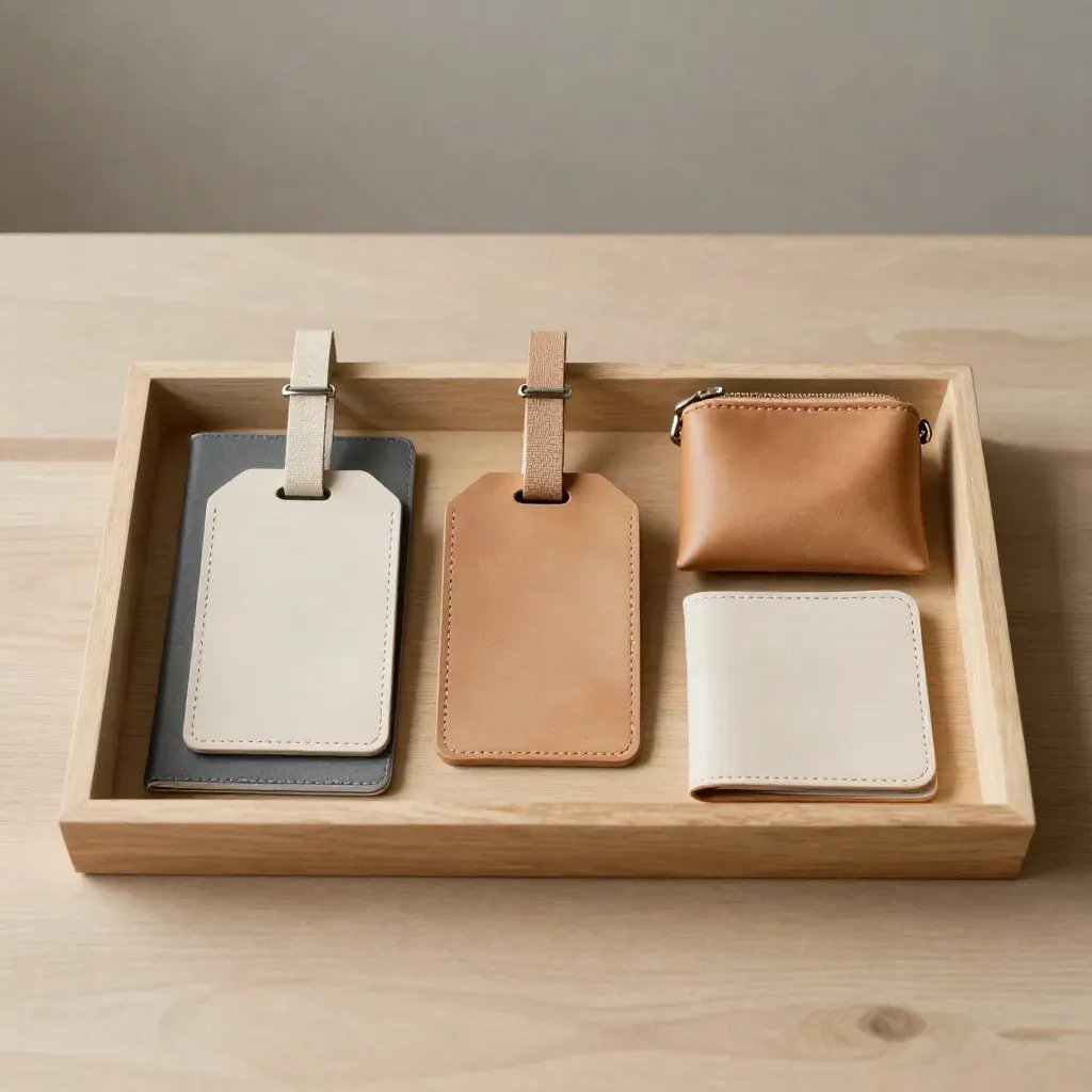 Blank luggage tags, coin pouch, and passport covers arranged in a wooden tray.
