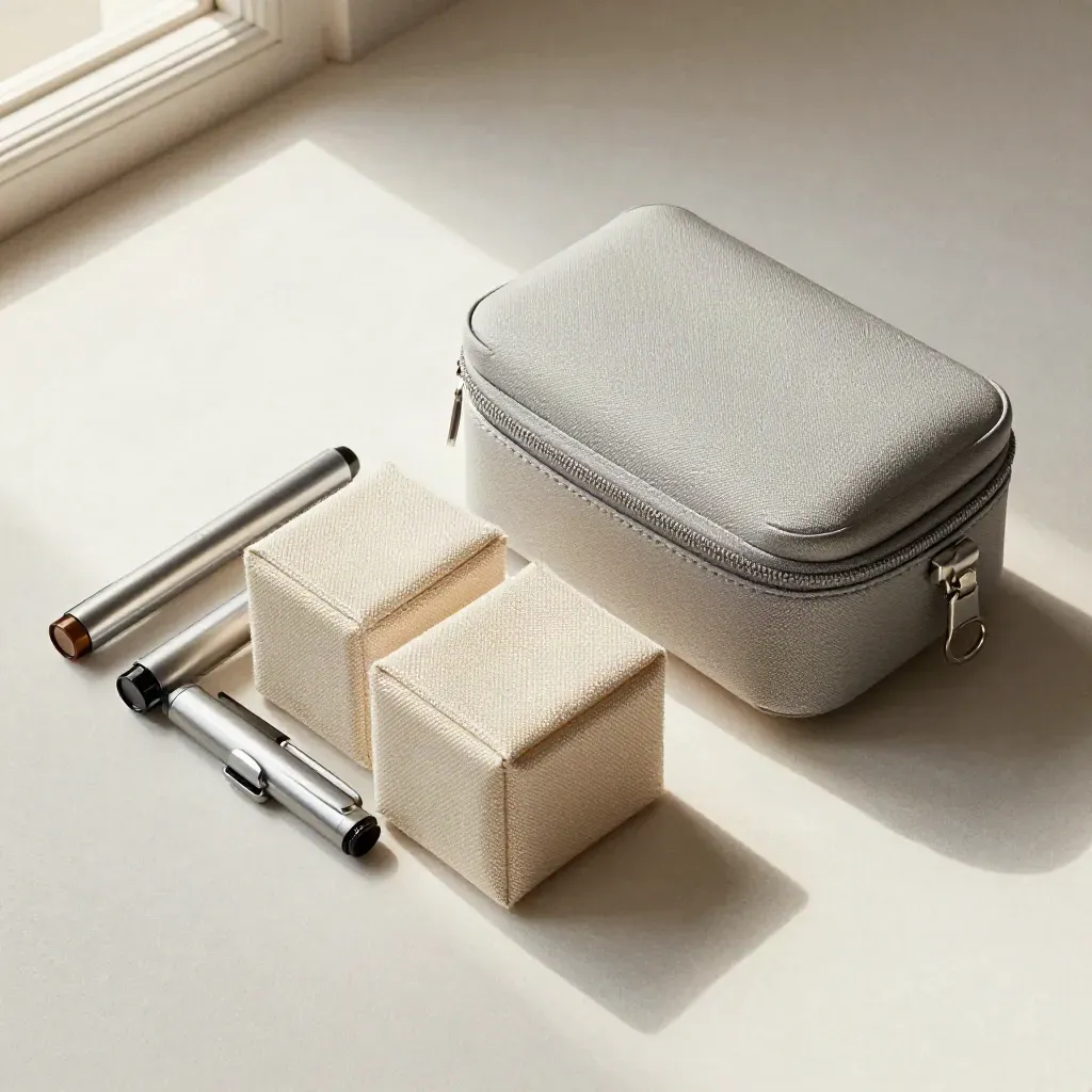 Overhead still life of packing cubes, slim metal markers, a key ring and a matte travel case.