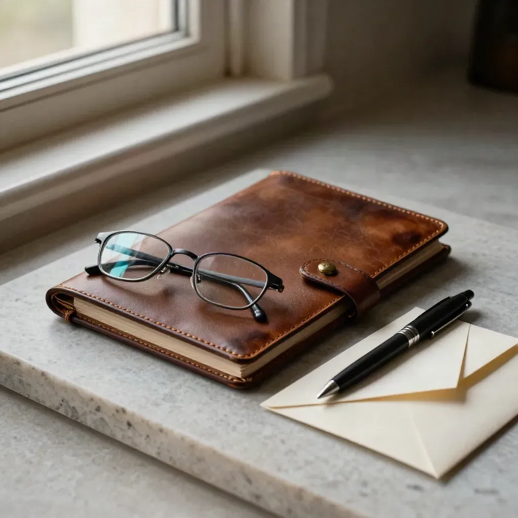 Leather travel folio with glasses, pen, brass clip, and face-down envelope on limestone.