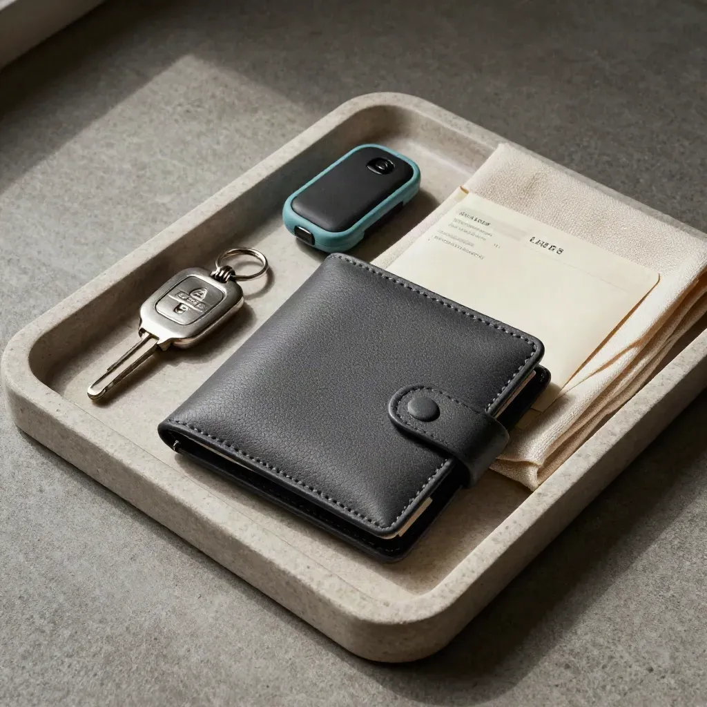 Stone tray with a travel wallet, key sleeve, tracker and sealed confirmations under soft side light.