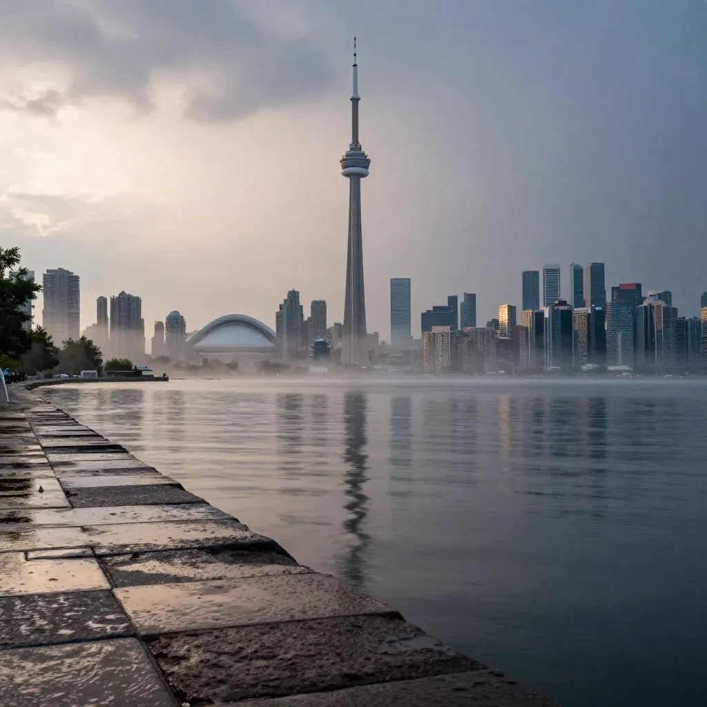 CN Tower over Lake Ontario at blue hour, mist and wet quay after a summer storm