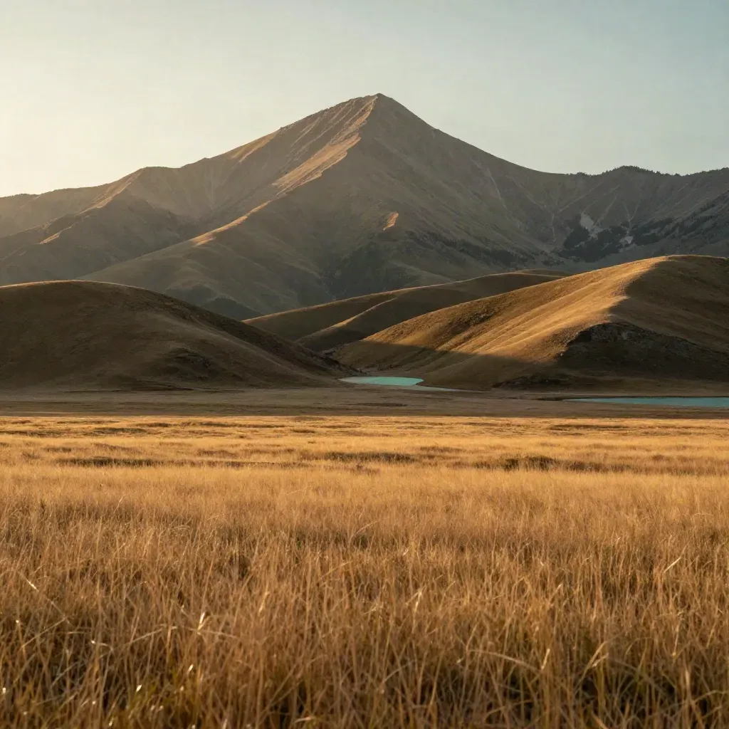 Banff foothills and a glowing Rockies peak above amber grass at golden hour