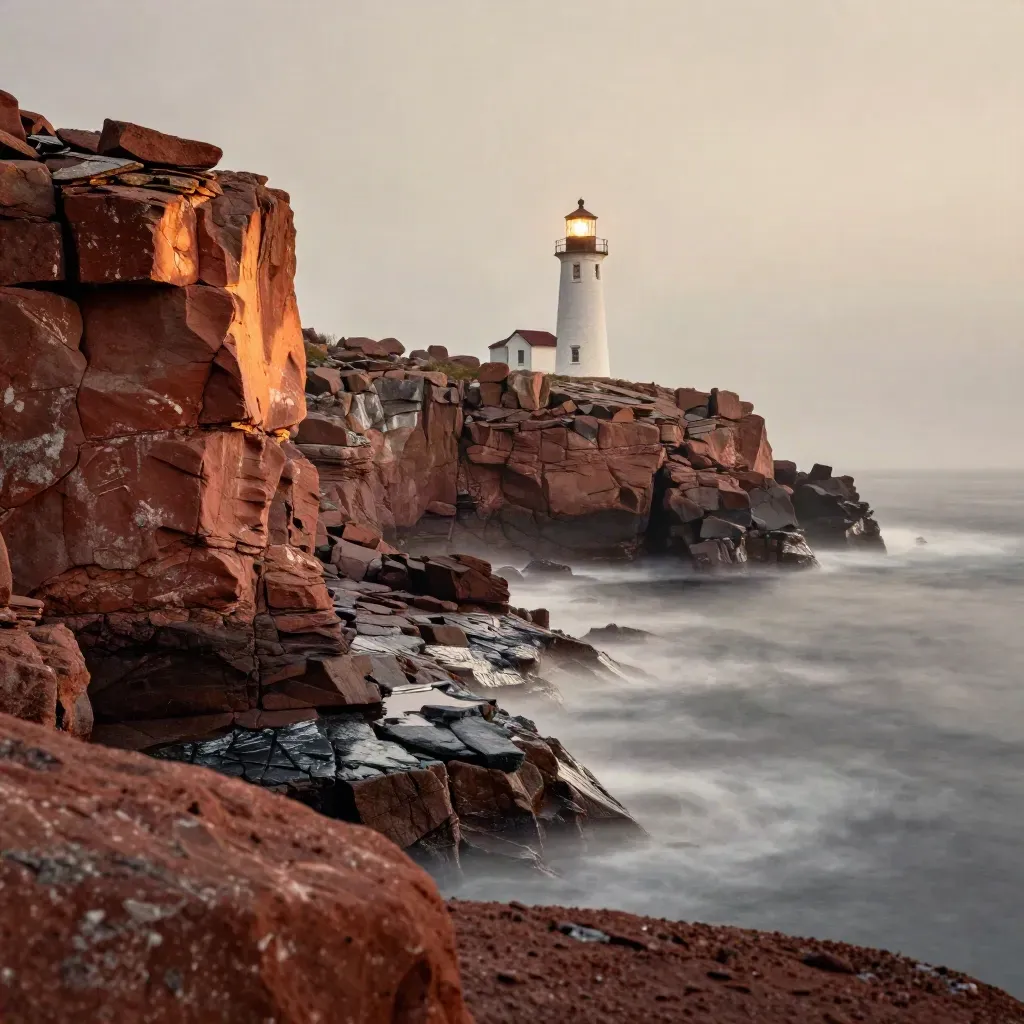 White lighthouse on a red-sandstone Atlantic headland above foggy grey surf.