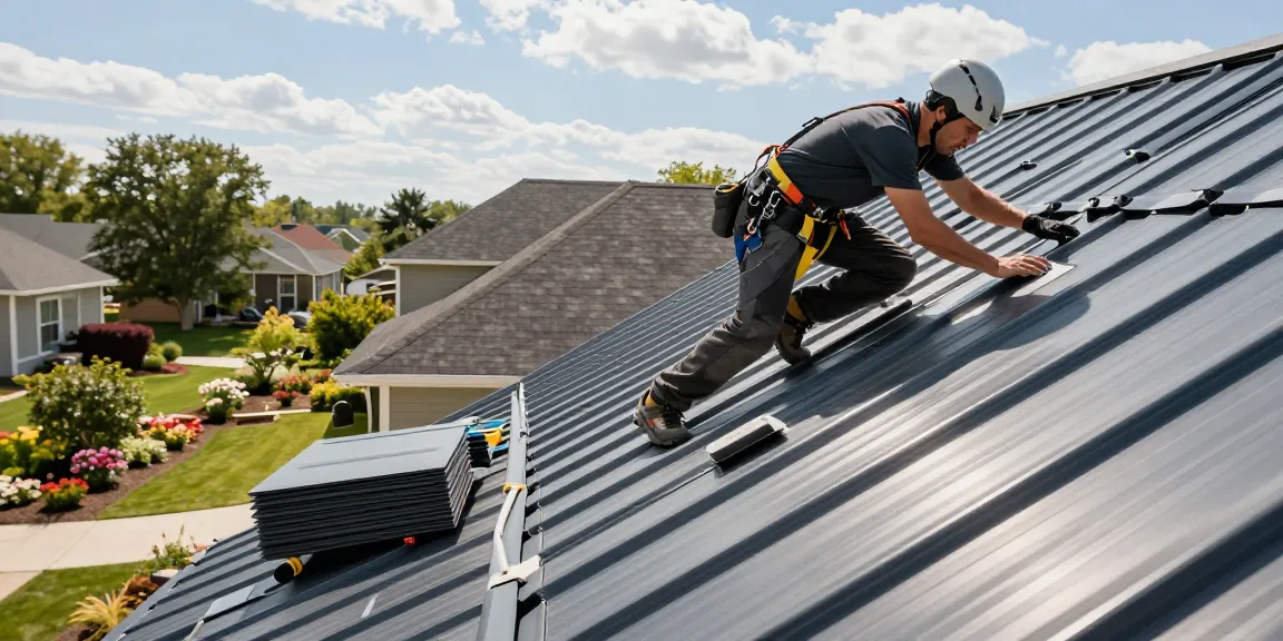 Professional roofer installing MRoof Canada metal roofing on a sunny suburban home, showcasing quality and craftsmanship.